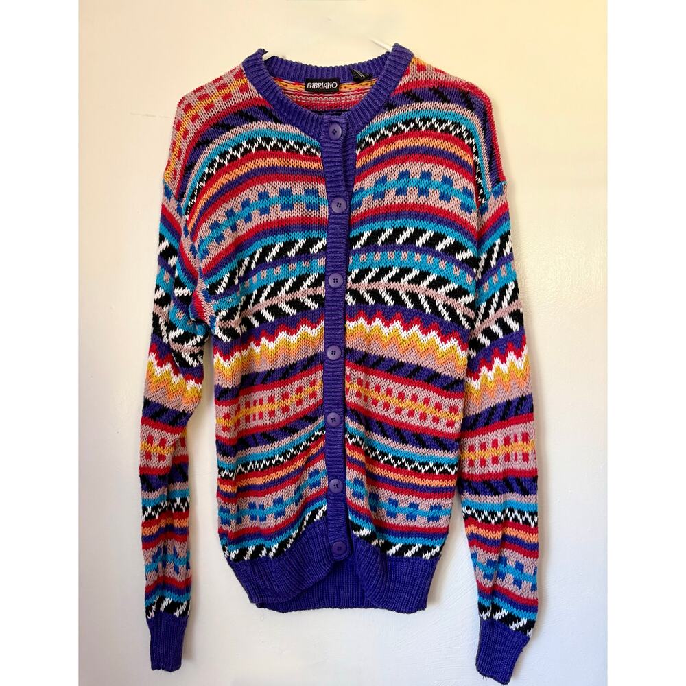 Vintage 90’s Fabriano Purple Aztec Funky Striped Slouchy Cardigan Sweater Medium